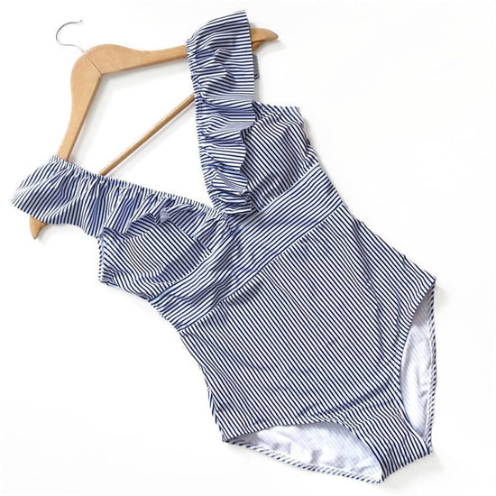 Image Title Retro Striped V-Neck One Piece Swimsuit - Blue Stripes Details - Swimwear